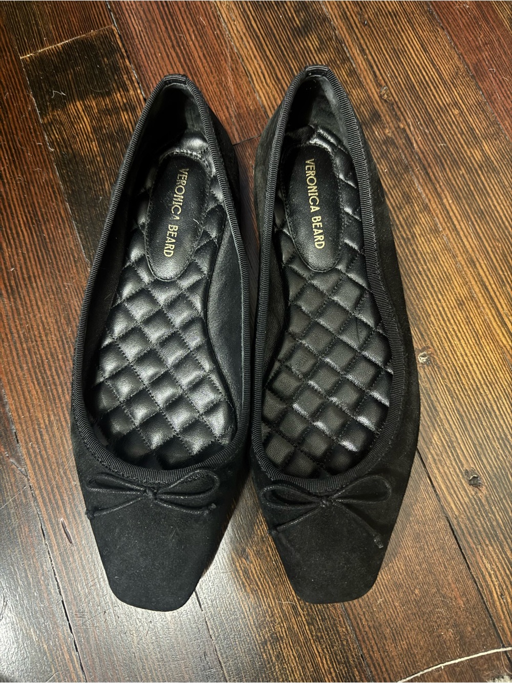 Veronica Beard Black Quilted-Insole Square-Toe Ballet Flats with Bow